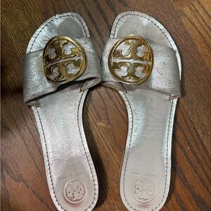 Tory Burch Metallic Silver Sandals with Gold Logo